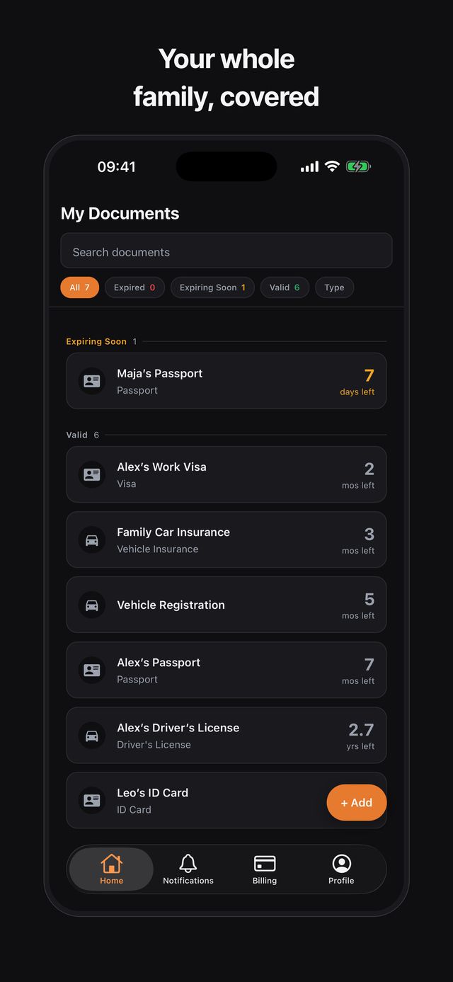 ExpireNot iPhone home screen, My Documents: a passport expiring in 7 days at the top, followed by valid visas, insurance, vehicle registration, driver's licenses and ID cards for a whole family, each with the time left until it expires