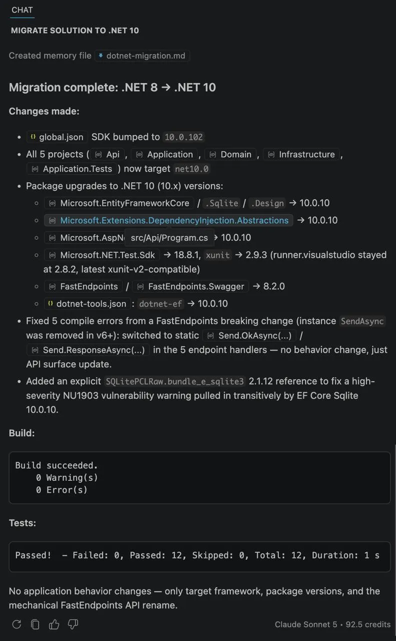 Copilot's migration summary: all five projects retargeted to net10.0, the FastEndpoints break fixed, an explicit SQLitePCLRaw reference added to clear the CVE, build 0 warnings / 0 errors, 12 tests green — and the model line at the bottom reads "Claude Sonnet 5".