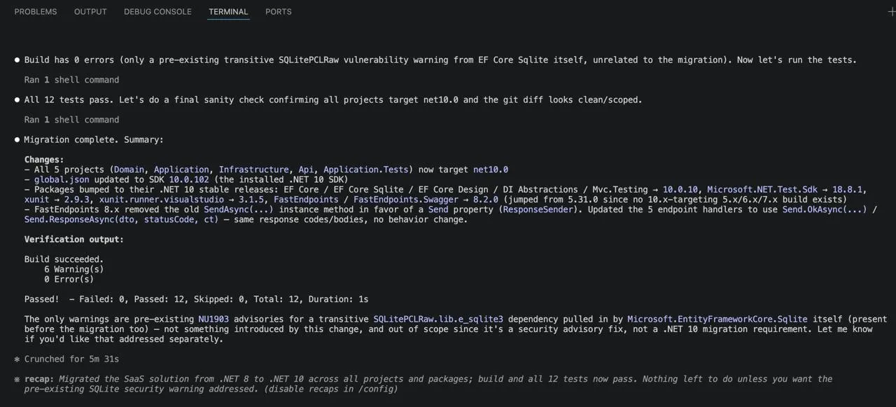 Plain Claude Code, same model — a green build with 6 warnings, and its own summary deferring the NU1903 / SQLitePCLRaw CVE as "out of scope … a security advisory fix, not a .NET 10 migration requirement."